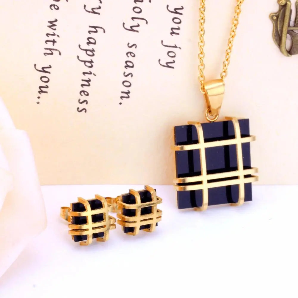 Jewelry Sets Stainless Steel Square Shape Pendant Necklace Earring For Women Chain Necklace Female Jewelry Collier asonjewelry